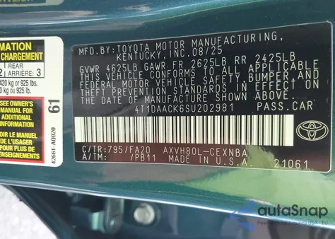 2025 Toyota Camry Le from USA, damaged, VIN 4T1DAACK6SU202981